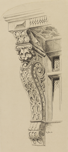 214266 Afbeelding van een houten kariatide in de onderpui van het huis Neude 36 te Utrecht.